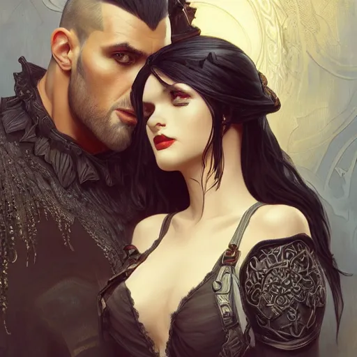 Image similar to a tall goth girl and a strong buff handsome man, family photo, cute, intricate, highly detailed, digital painting, artstation, concept art, smooth, sharp focus, illustration, unreal engine 5, 8 k, art by artgerm and greg rutkowski and alphonse mucha