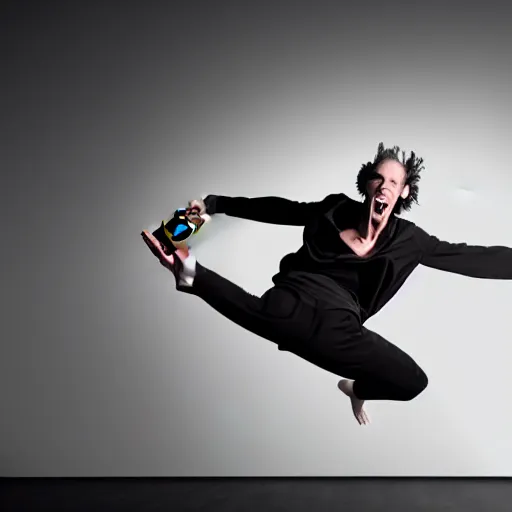 Prompt: A male model boisterously dancing around the room by himself holding an empty wine bottle as he jumps in the air by Lynda Benglis, octane render, 4k, 8k, (sharp) , very very beautiful, stunning, twisted, vanishing, transparent, ethereal