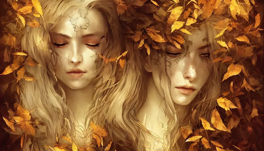 Image similar to golden leaves at frame border, creative!!! composition for a book cover!!!, absurdly beautiful, ultrafine hyperrealistic detailed old!! witch face by wlop and artgerm and greg rutkowski, intricate linework, sharp focus, smooth, octopath traveler, final fantasy, unreal engine, dramatic lighting, ethereal, 8 k