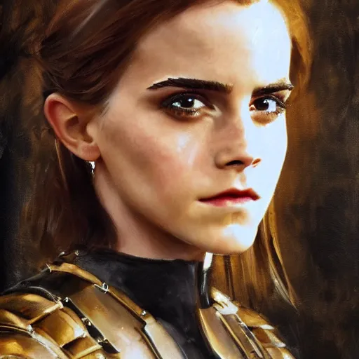 Image similar to close up of emma watson in full leather armor, cinematographic shot, by daniel f. gerhartz