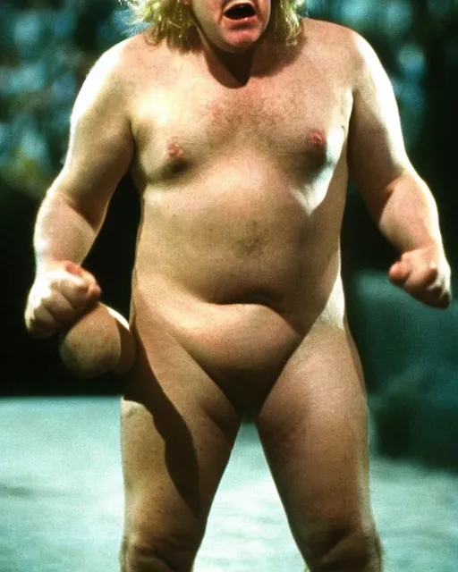 Prompt: film still close - up shot of boris johnson as a wrestler from the movie monty python's the meaning of life. photographic, photography