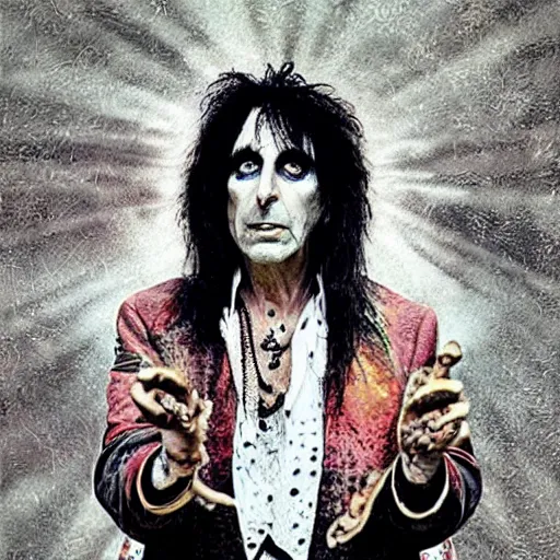 Prompt: alice cooper, portrait, obscure render, aesthetic, gaudy colors, matte painting