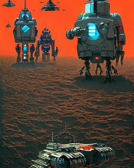 Image similar to attack of the killer robots, concept art, intricate details, highly detailed, vintage sci - fi poster, retro future, in the style of chris foss, rodger dean, moebius, michael whelan, and gustave dore