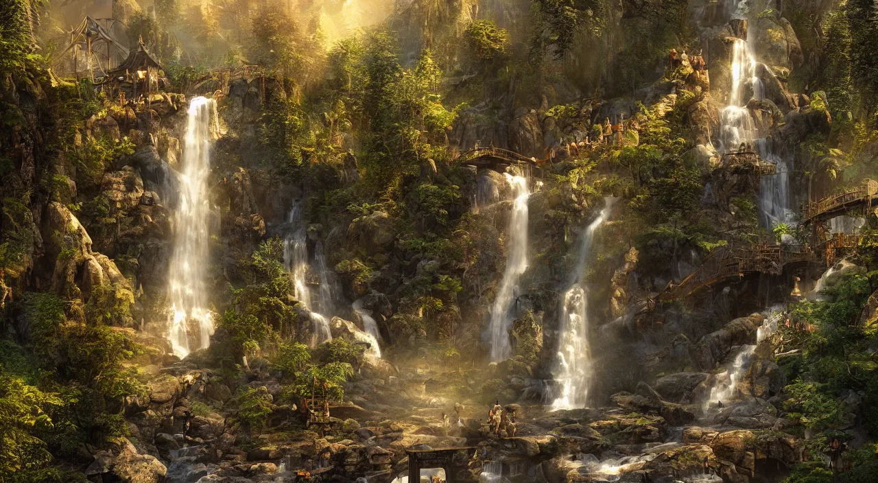 Image similar to rivendell steampunk, waterfalls from clif, dappled golden lighting, cinematic, photographic, realistic, highly detailed, matte painting