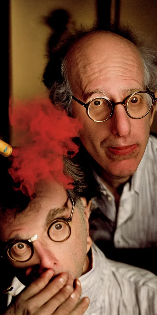 Image similar to award winning photo of todd solondz charlie kaufman larry david std barret smoking, vivid colors, happy, symmetrical face, beautiful eyes, studio lighting, wide shot art by Sally Mann & Arnold Newman