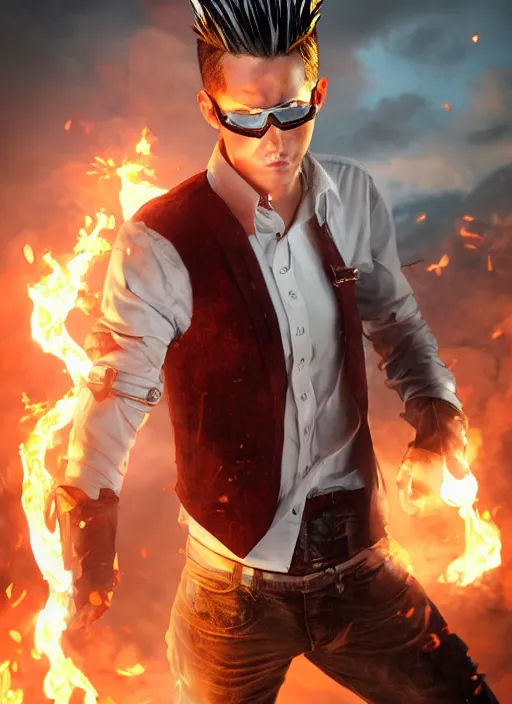 Image similar to An epic fantasy comic book style portrait painting of young man with long red spiked hair. Wearing a black waistcoat, white shirt, using googles. Blasting fire on his hands. Unreal 5, DAZ, hyperrealistic, octane render, cosplay, RPG portrait, dynamic lighting