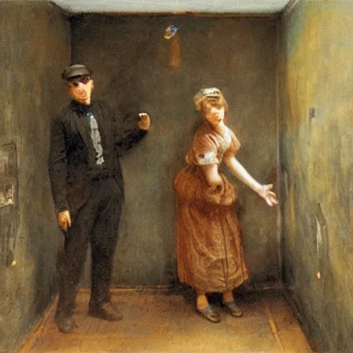 Image similar to a young man and a young woman solving an escape room puzzle, mysterious markings on the wall, by alfred stevens