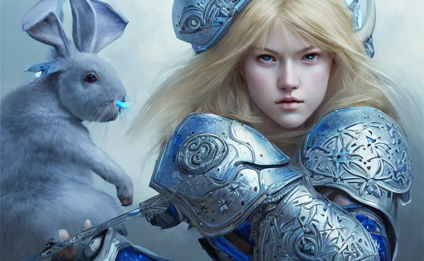 Image similar to blonde female warrior in heavy blue and white armor, very beautiful face, surrounded by rabbits, epic battle, high fantasy, flowers and trees, intricate detail, digital painting, artstation, concept art, smooth, sharp focus, illustration, art by monia merlo and wlop and artgerm and craig mullins