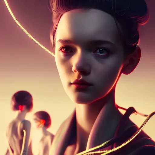 Prompt: girl covered in power cables by tom bagshaw and ilya kuvshinov, rtx rendering, octane render 1 2 8 k, maya, extreme high intricate details by wlop, digital anime art by ross tran, medium shot, close up shot, composition by sana takeda, dramatic lighting by greg rutkowski
