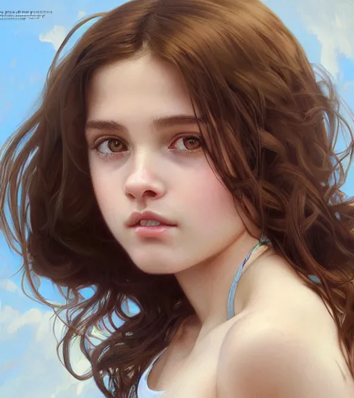 Image similar to ultra realistic illustration, portrait of 1 5 - year old girl with thick brown hair, large front teeth, and bright piercing brown eyes, intricate, elegant, highly detailed, digital painting, artstation, concept art, smooth, sharp focus, illustration, art by artgerm and greg rutkowski and alphonse mucha