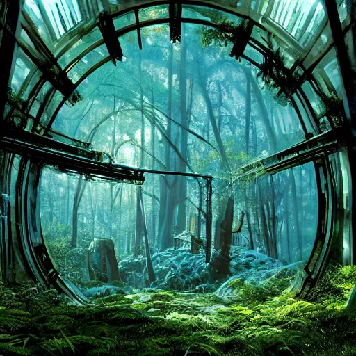 Prompt: frozen derelict portal in a middle of a snowy lush futuristic forest, engine tubes around the portal, green lush world seen only through a portal, daylight, cinematic lighting, blue sky, syd mead, john harris