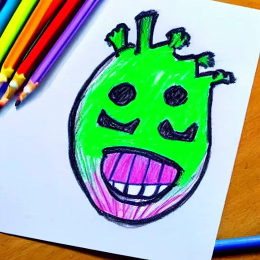 Image similar to a children's drawing of a smiling happy broccoli, he is dancing, vivid bright colors, color pencils are scattered around on the paper