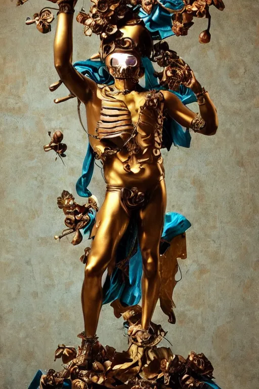 Prompt: a young handsome Spanish metal android with a large glowing battery in the center of his chest in a full-body bronze cyberpunk style statue of Icarus with glowing blue eyes, crown of peach roses, flowing teal-colored silk, fabric, flowers. baroque elements, human skull. full-length view. baroque element. intricate artwork by caravaggio. many many birds birds on background. Trending on artstation, octane render, cinematic lighting from the right, hyper realism, octane render, 8k, depth of field, 3D