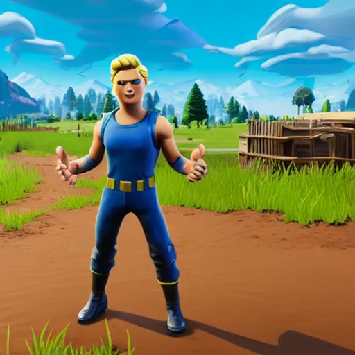 Image similar to vault boy in fortnite, promotional poster, 3d, ultra realistic, insanely detailed, photorealistic, 4k