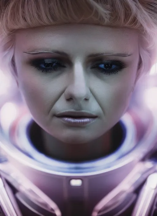 Image similar to closeup portrait of a blonde alien plejaren woman inside a spaceship wearing a space uniform, depth of field, zeiss lens, detailed, symmetrical, centered, fashion photoshoot, by annie leibovitz and steve mccurry, david lazar, jimmy nelsson, breathtaking, 8 k resolution, extremely detailed, beautiful, establishing shot, artistic, hyperrealistic, beautiful face, octane render