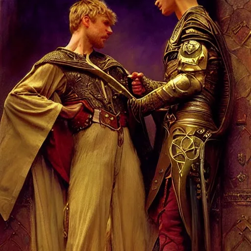 Image similar to attractive arthur pendragon with attractive male merlin the mage. they are in love. highly detailed painting by gaston bussiere, craig mullins, j. c. leyendecker