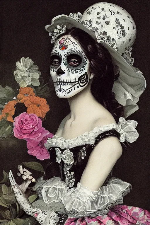 Prompt: Illustration of a sugar skull day of the dead girl, art by pieter claesz