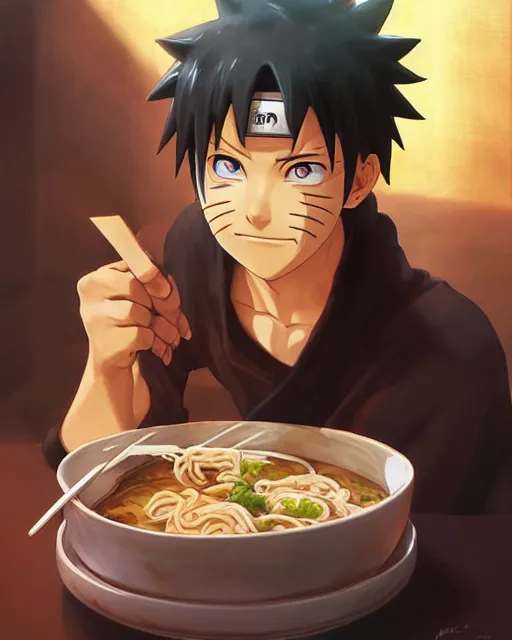 Image similar to naruto eating ramen, medium shot, visible face, detailed, perfectly shaded, perfectly shaded face, atmospheric lighting, by makoto shinkai, stanley artgerm lau, wlop, rossdraws