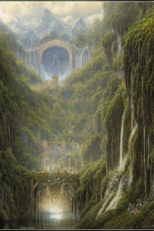 Image similar to beautiful detailed matte painting of Rivendell at the gorge, evening, Alan Lee, Artstation