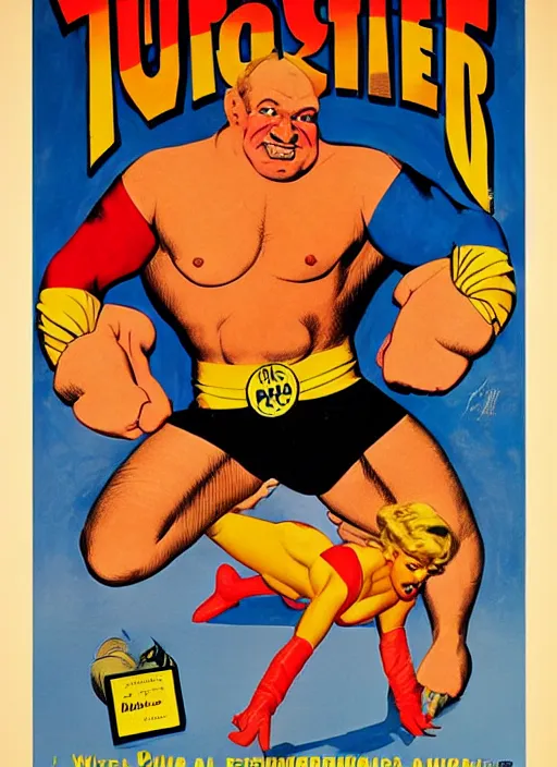 Image similar to poster for circus wrestler. portrait by clyde caldwell and jean giraud and anton otto fischer and john philip falter and will eisner and gil elvgren