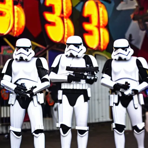 Prompt: stormtroopers trying to prizes at a fairground, dynamic lighting