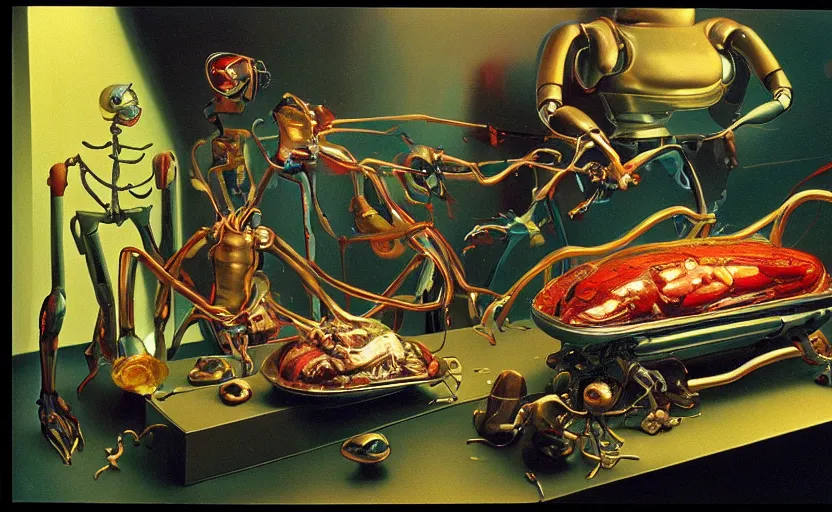 Image similar to strange futuristic robot body, disturbing colorful oil painting dutch golden age vanitas still life sparse composition with bizarre objects strange gooey transparent surfaces shiny metal reflections bizarre mutant meat insects rachel ruysch dali todd schorr very detailed perfect composition rule of thirds masterpiece canon 5 0 mm, cinematic lighting, photography, retro, film, kodachrome