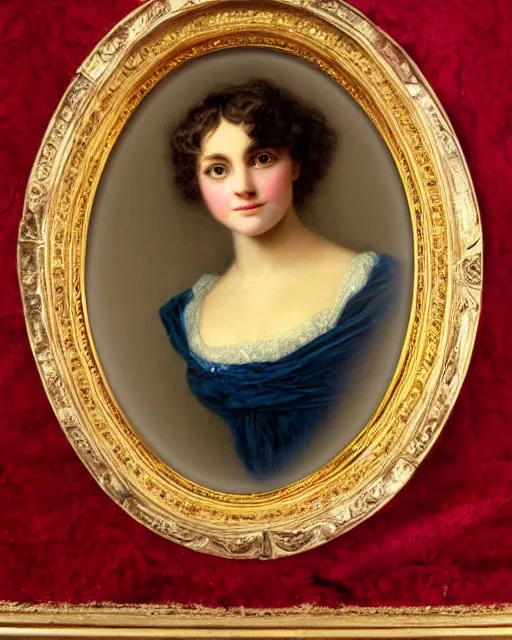 Image similar to regency portrait en buste of annasophia robb violet beauregarde leslie burke by Hughes Merle, by Pierre Auguste Cot, perfectly detailed eyes, realistic fabric, abundant detail
