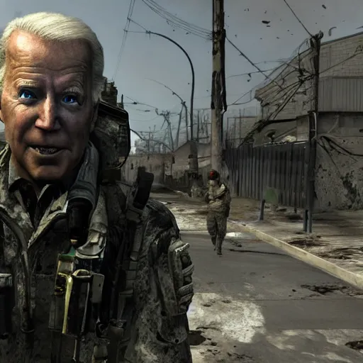 Image similar to in - game footage of joe biden as a zombie in call of duty : modern warfare 3