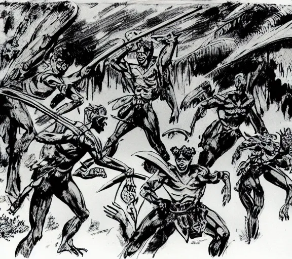 Prompt: four adventurers are chased through the woods, by a group of mantis men, pen and ink, by frank Frazetta
