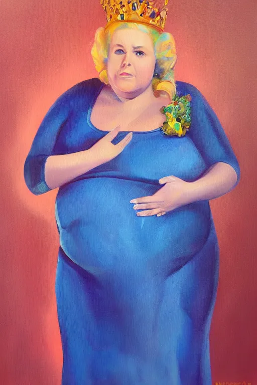 Prompt: an oil painting of the queen of Walmart, an obese woman, beautiful, fantasy, hyper realistic, dramatic lighting