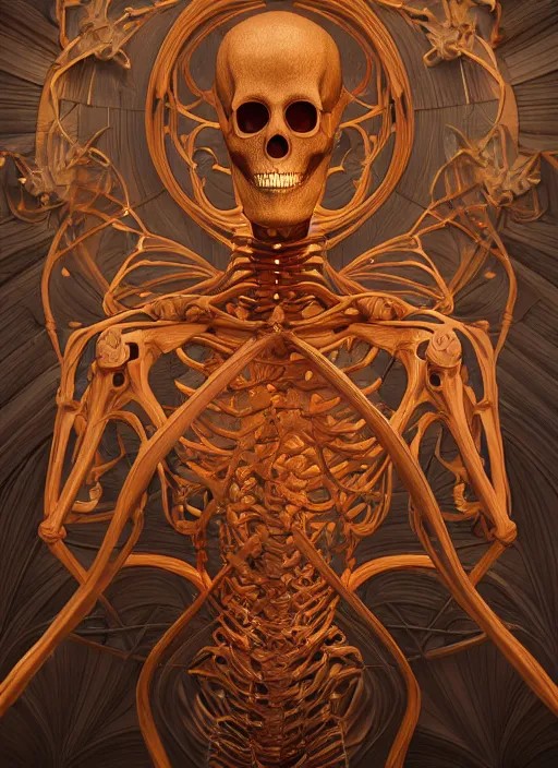 Image similar to wax skeleton, wooden art nouveau swirls, subsurface scattering, in the style of james jean and tomasz alen kopera, mystical colors, rim light, beautiful lighting, 8 k, stunning scene, raytracing, octane render, trending on artstation