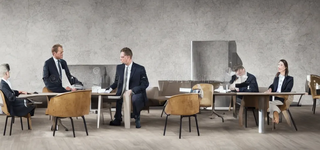 Prompt: neandetheral in suit is discussing deal with ceo of corporation, room with furniture made of mammoth skeleton and some modern day furniture, business formal atmosphere, hyperrealistic photo, business meeting, stock photo style