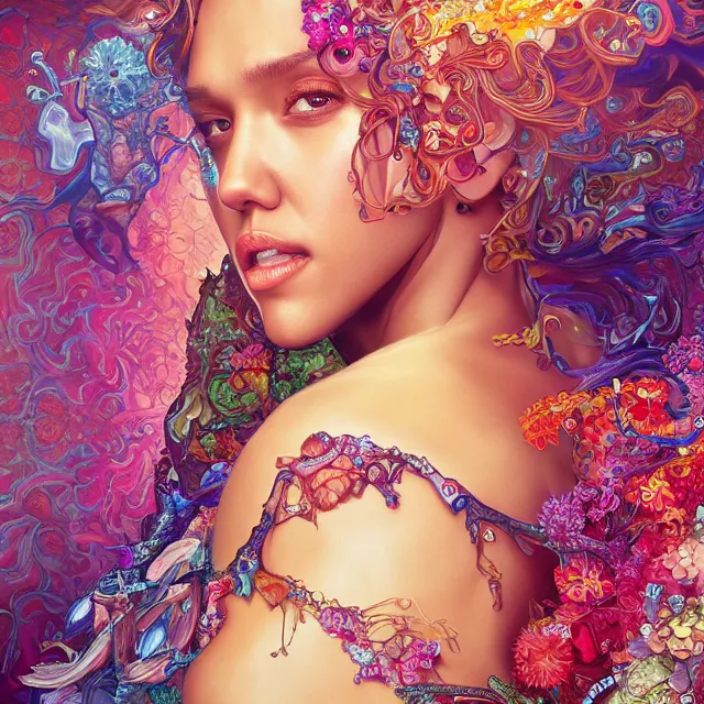 Prompt: jessica alba made with fractal gems, fractal crystals, very intricate, hyper realistic, octane render, very colorful, vibrant, cinematic, amazing details, by james jean, by brian froud, by ross tran, by alphonse mucha