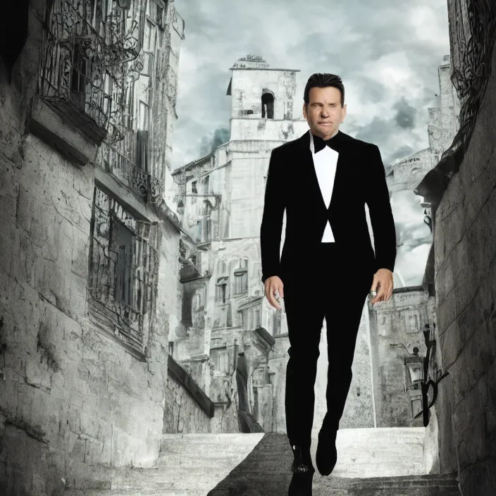 Image similar to cinematic movie, background is castle and steps, with a silver mask, silver wavy hair, black suit, 4 k