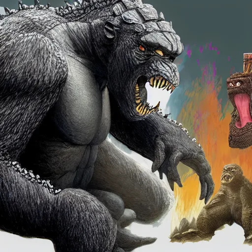 Image similar to a portrait of godzilla and king kong sitting down 1 8 a cup of tea digital concept art