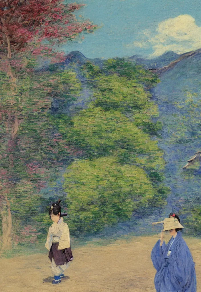 Image similar to tiny samurai in front of a beautiful japanese country side landscape, edo era house in the background, blue sky, magnificient clouds, lofi vibe, vivide colors, amazing light, really beautiful nature, oil painting, impressionist style, by jeremy lipkin, by claude monet, by ghibli, kandinsky touches, multiple brush strokes, masterpiece