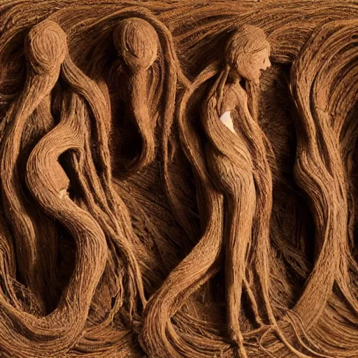 Image similar to dmt bodies. hundreds of humans; a full crowd. Mesh of many human figures intertwined. earthen colors. The medium of this sculpture is human hair. A mess of human hair. Matted hair woven dreadlock sculpture. Tangled splitend hair. barbershop floor. Sculpted of coconut fibers. Surreal fibrous art. Extremely realistic. HD Quality. Lifelike figures. Designed by August Rodine.