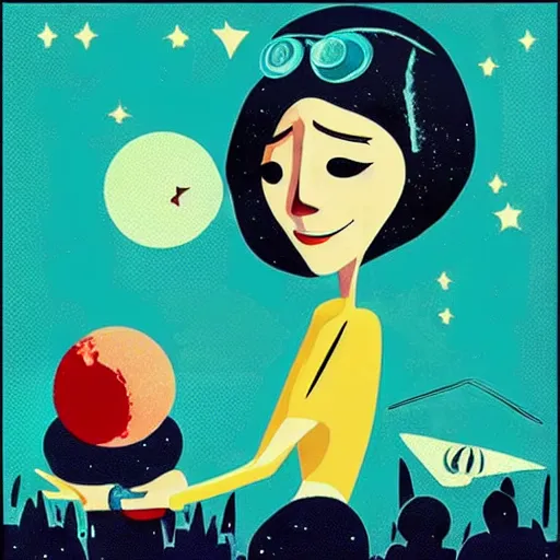 Image similar to “1950s art deco of the movie ‘Coraline’ under planets and stars in the background, retro poster, teal palette.”