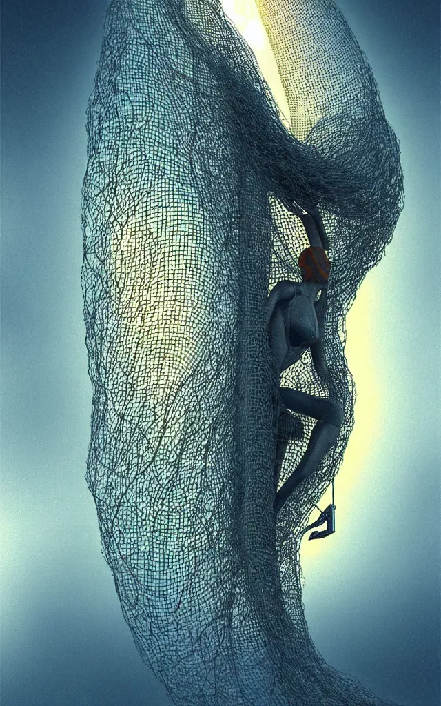 Image similar to human wrapped in a neural mesh cocoon plugged spirit machine, perfect future, award winning scifi art