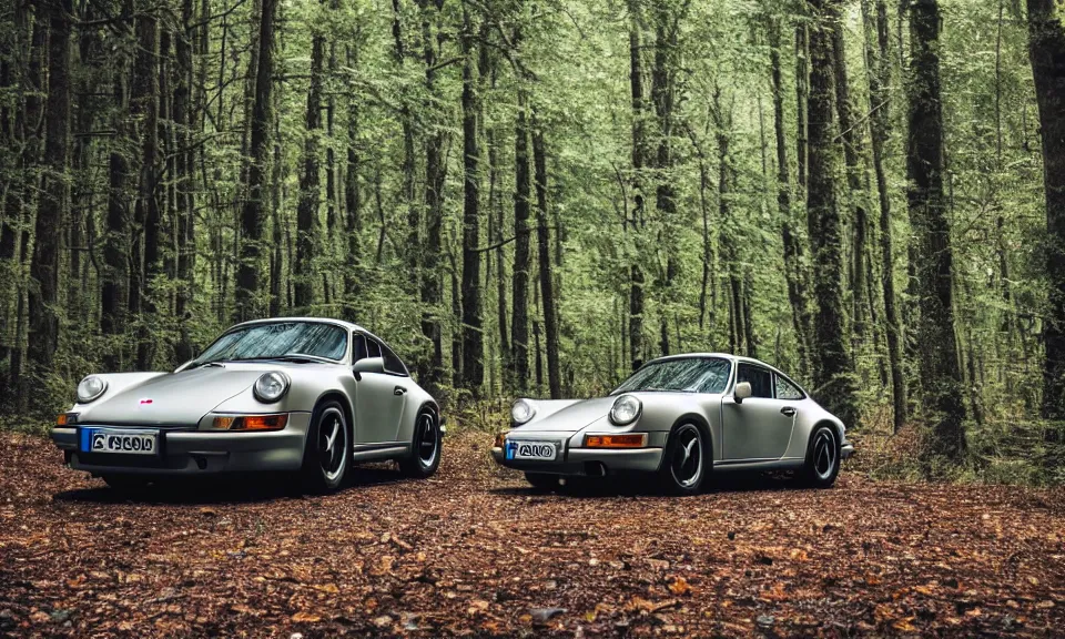 Prompt: photo of a porsche 911 in a forest