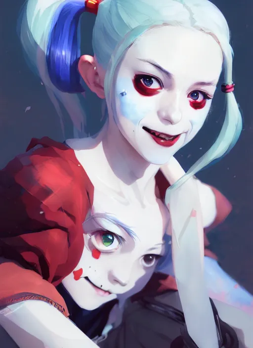 Image similar to portrait of cute harley quinn, cloudy sky background lush landscape illustration concept art anime key visual trending pixiv fanbox by wlop and greg rutkowski and makoto shinkai and studio ghibli