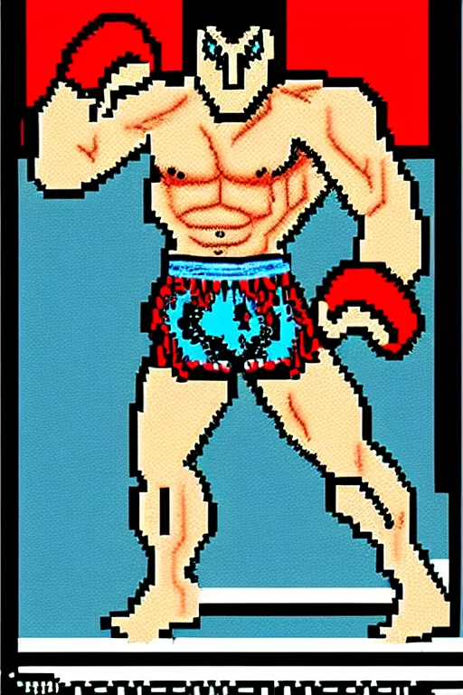 Image similar to extreme long shot. 8 bit nes graphics. hermann nitschantropomorphic muscular masculine wolf. kickboxer fighter, in shorts. wolf head. art from nes game cartridge,