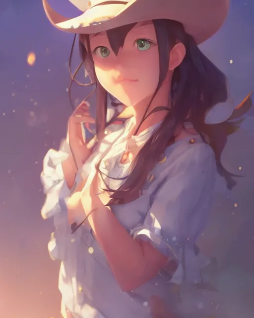 Prompt: a very cute cowgirl wearing a hat with cat ears, medium shot, ambient lighting, visible and detailed face, by makoto shinkai, stanley artgerm lau, wlop, rossdraws