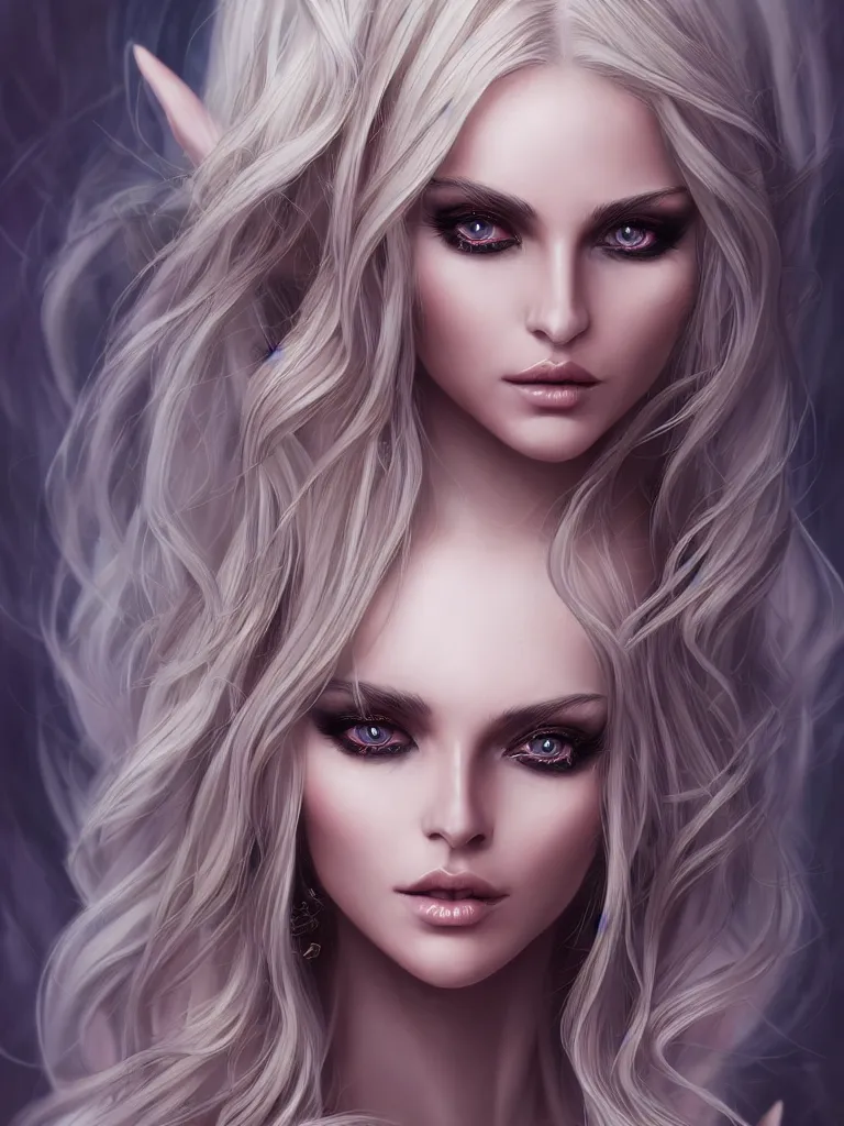 Image similar to beautiful elven necromancer, blonde hair, balayage, dark fantasy, symmetrical face two identical symmetrical eyes, feminine figure, smooth skin, gorgeous, pretty face, beautiful body, revealing outfit, high detail, realistic, cgsociety, artgerm, trending on artstation