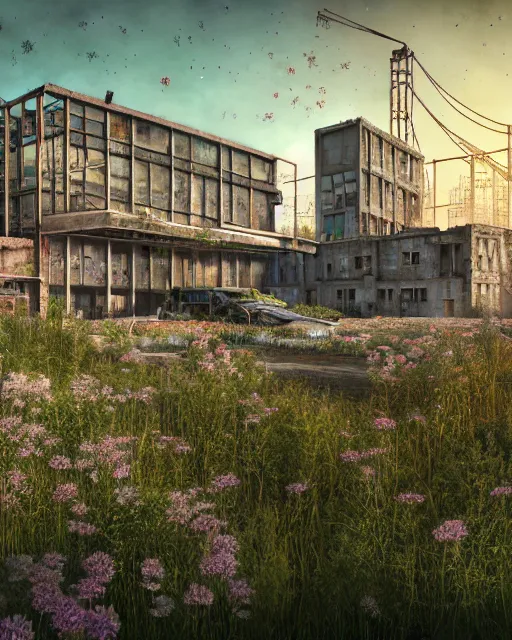 Image similar to a beautiful photorealistic illustration of unfinished building industrial architecture building urbex nature architecture city village by denis sarazhin, alien nature crystal san andreas laser rainforest mercury meadow cosmic landscape tundra bladerunner 2 0 4 9 flowers thermal imaging thermal vision, archdaily, wallpaper, highly detailed, trending on artstation.