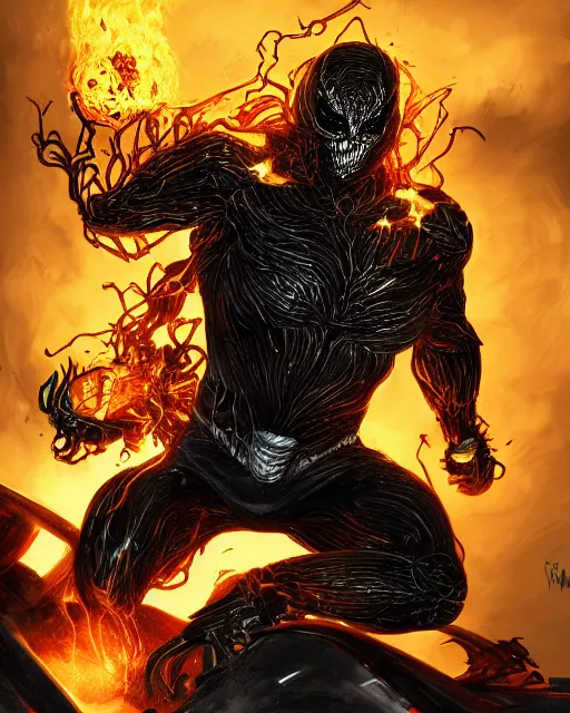 Image similar to ghost rider symbiote, dynamic lighting, fantasy concept art, trending on art station, stunning visuals, creative, cinematic, ultra detailed, comic strip style