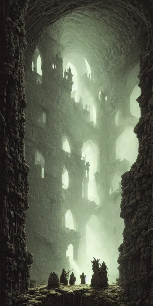 Prompt: three medieval explorers wandering an enormous castle filled with skulls, ruined medieval architecture, volumetric lighting, by zdzislaw beksinski, by gustave dore, by peter mohrbacher, lovecraftian, amazing details, vivid colors, detailed, epic, waterfall, rule of thirds