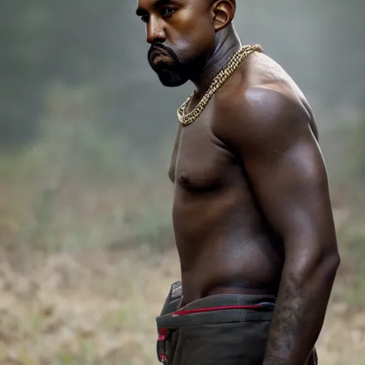 Image similar to first shot of kanye west in rambo remake gang activity, ( eos 5 ds r, iso 1 0 0, f / 8, 1 / 1 2 5, 8 4 mm, postprocessed, crisp face, facial features )