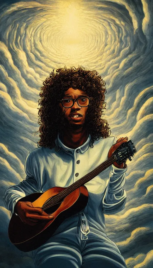 Prompt: a young black man with long curly hair wearing glasses, playing guitar on cosmic cloudscape, italian futurism, Dan Mumford, da vinci, Josan Gonzalez