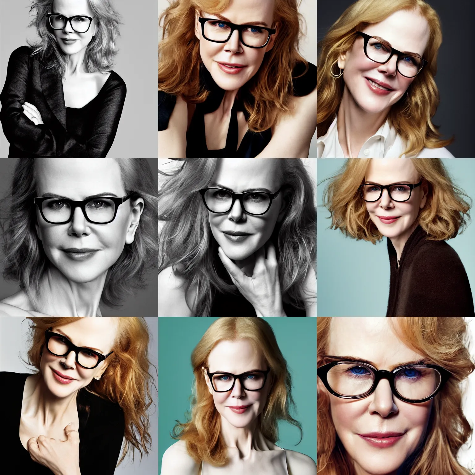 Prompt: Photo of Nicole Kidman wearing Warby Parker glasses, soft studio lighting, photo taken by Martin Schoeller for Abercrombie and Fitch, award-winning photo, 24mm f/1.4